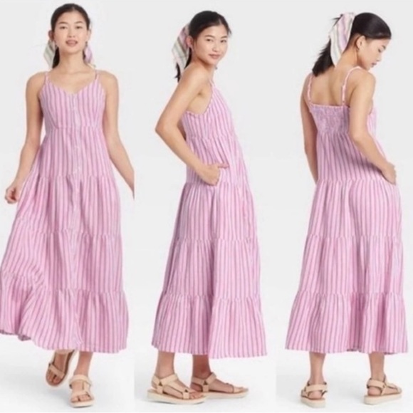 Universal Thread Pink & White Striped Maxi Button Down V Neck Dress Size Medium - Picture 1 of 12